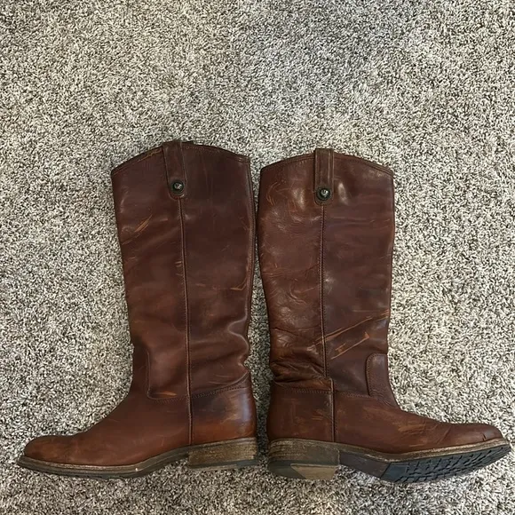 Frye Melissa Button Lug Brown Leather Tall Riding Boots