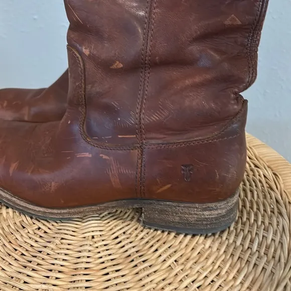 Frye Melissa Button Lug Brown Leather Tall Riding Boots
