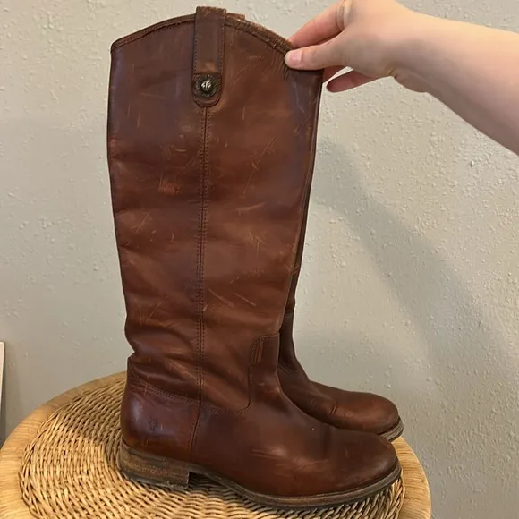 Frye Melissa Button Lug Brown Leather Tall Riding Boots