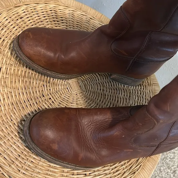 Frye Melissa Button Lug Brown Leather Tall Riding Boots