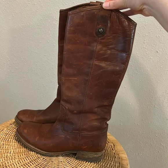 Frye Melissa Button Lug Brown Leather Tall Riding Boots