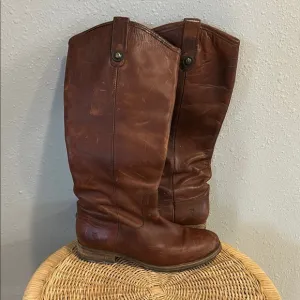 Frye Melissa Button Lug Brown Leather Tall Riding Boots