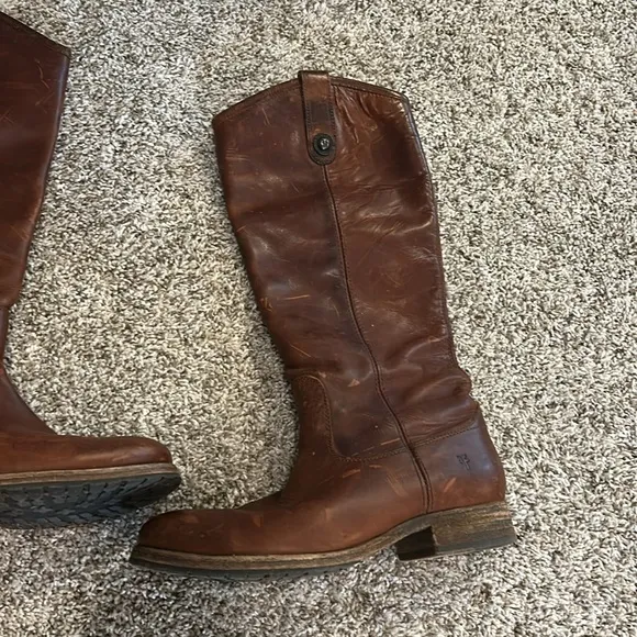 Frye Melissa Button Lug Brown Leather Tall Riding Boots