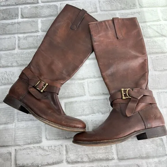 Frye Mellisa Women's Size 7.5  Riding  Brown Leather Knotted Tall Boots