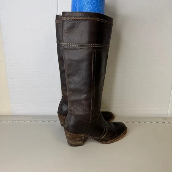 FRYE Mid Calf Dark Brown Genuine Leather Sturdy Riding Boots Size 5.5 Heel Flaw
