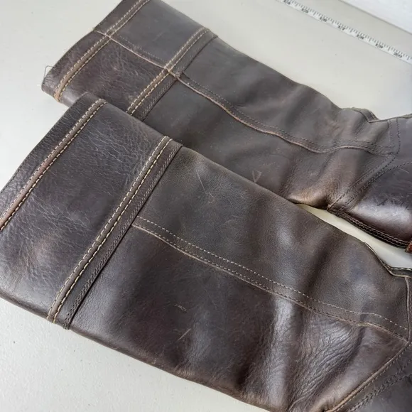 FRYE Mid Calf Dark Brown Genuine Leather Sturdy Riding Boots Size 5.5 Heel Flaw