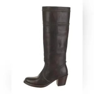FRYE Mid Calf Dark Brown Genuine Leather Sturdy Riding Boots Size 5.5 Heel Flaw