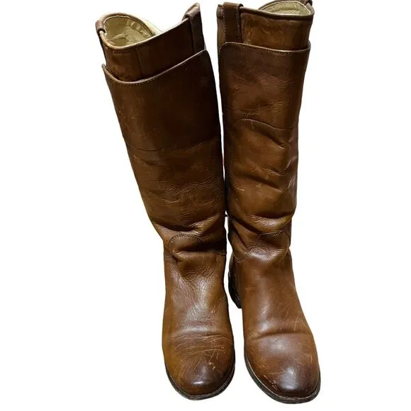 Frye Paige Women's Tall Cognac Leather Riding Boot w Layered Shaft Size 7.5 B