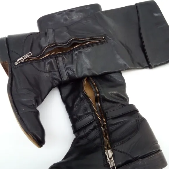 FRYE Riding Boots Leather Black Zipper Silver Ring 77215 Made in Mexico 6 B