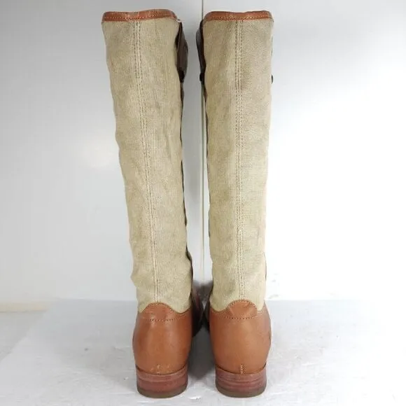 FRYE Women's Melissa US7B Button Brown Leather Canvas Pull On Tall Riding Boots