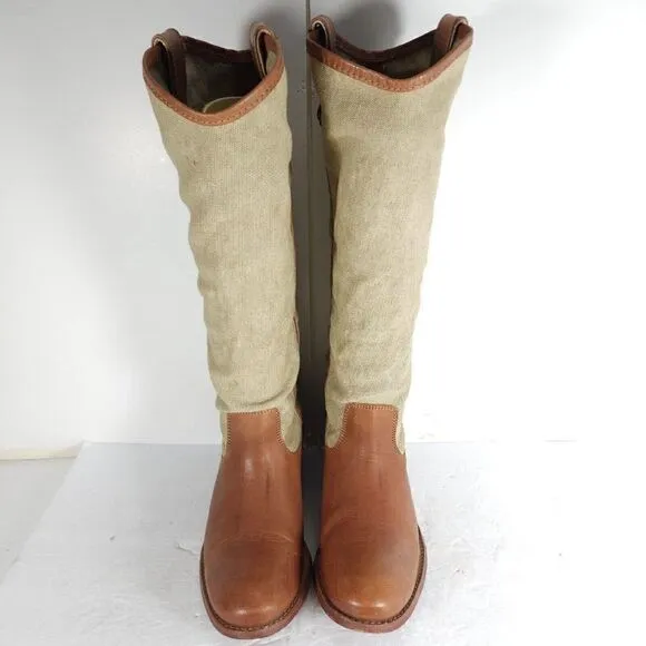 FRYE Women's Melissa US7B Button Brown Leather Canvas Pull On Tall Riding Boots