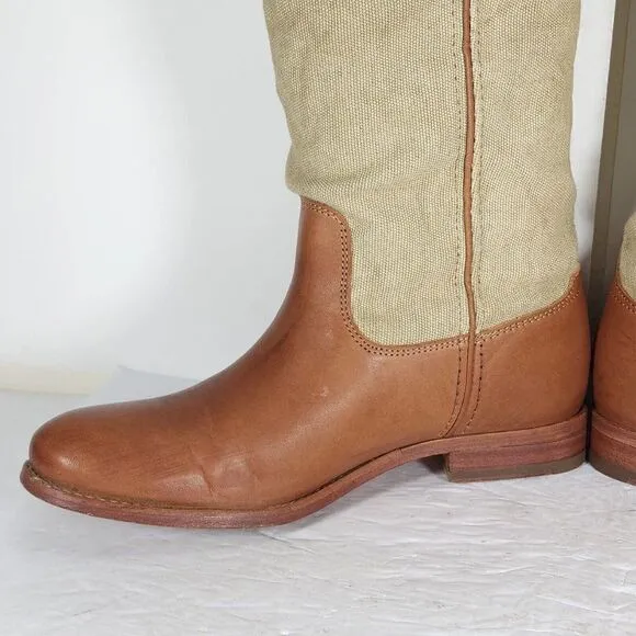 FRYE Women's Melissa US7B Button Brown Leather Canvas Pull On Tall Riding Boots