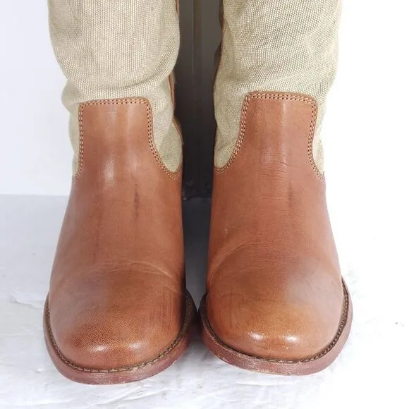 FRYE Women's Melissa US7B Button Brown Leather Canvas Pull On Tall Riding Boots