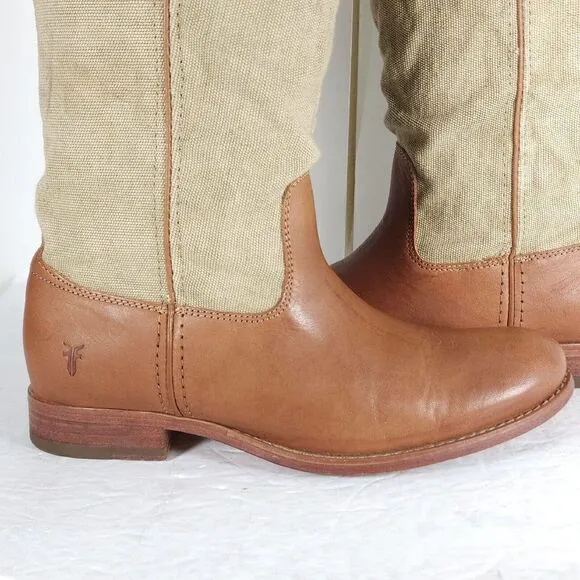 FRYE Women's Melissa US7B Button Brown Leather Canvas Pull On Tall Riding Boots