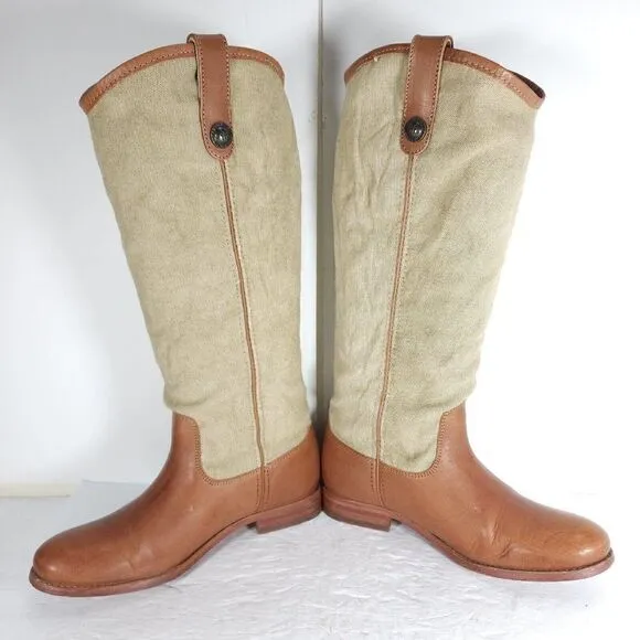 FRYE Women's Melissa US7B Button Brown Leather Canvas Pull On Tall Riding Boots
