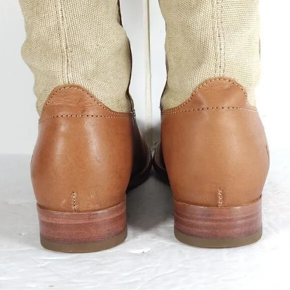 FRYE Women's Melissa US7B Button Brown Leather Canvas Pull On Tall Riding Boots