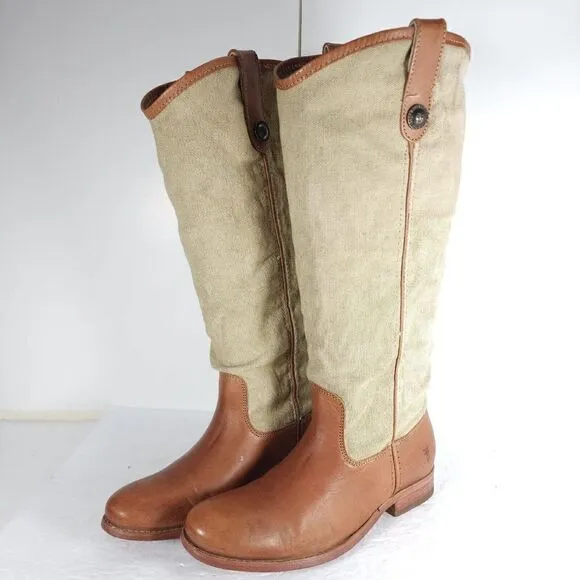 FRYE Women's Melissa US7B Button Brown Leather Canvas Pull On Tall Riding Boots