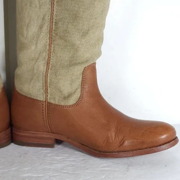 FRYE Women's Melissa US7B Button Brown Leather Canvas Pull On Tall Riding Boots