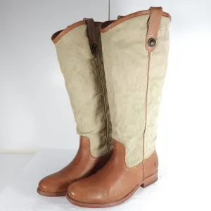 FRYE Women's Melissa US7B Button Brown Leather Canvas Pull On Tall Riding Boots