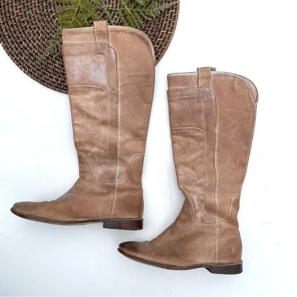 Frye Womens Paige Tall Riding Boots Weathered Distressed Burnished Tan 7.5
