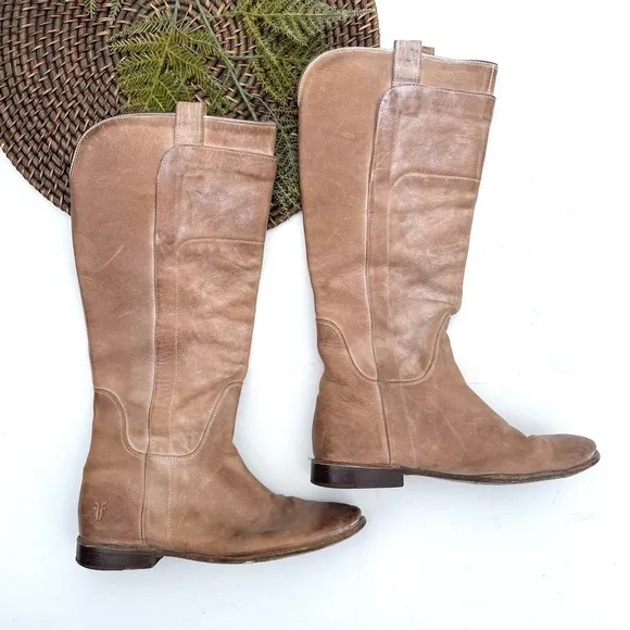 Frye Womens Paige Tall Riding Boots Weathered Distressed Burnished Tan 7.5