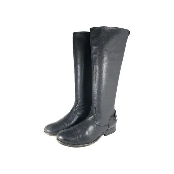 FRYE Women's Melissa Back Zip US 8,5B Black Leather Button Tall Riding Boots