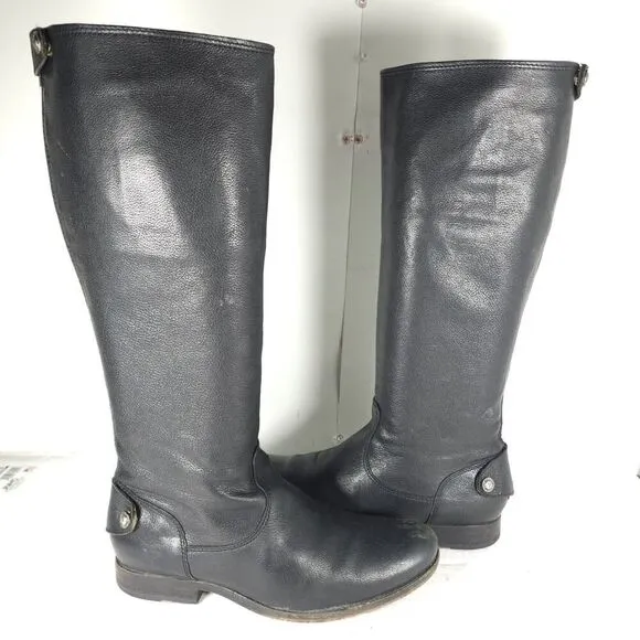 FRYE Women's Melissa Back Zip US 8,5B Black Leather Button Tall Riding Boots