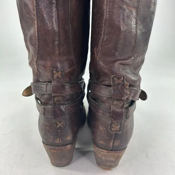 Frye Jane Strappy Brown Leather Riding Boots US 6.5 B Women's Heels Knee-High