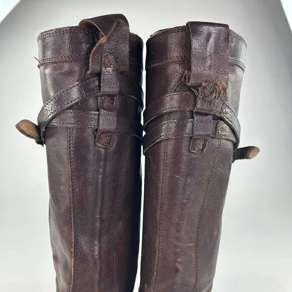 Frye Jane Strappy Brown Leather Riding Boots US 6.5 B Women's Heels Knee-High