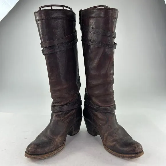 Frye Jane Strappy Brown Leather Riding Boots US 6.5 B Women's Heels Knee-High