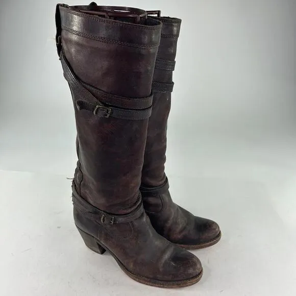 Frye Jane Strappy Brown Leather Riding Boots US 6.5 B Women's Heels Knee-High