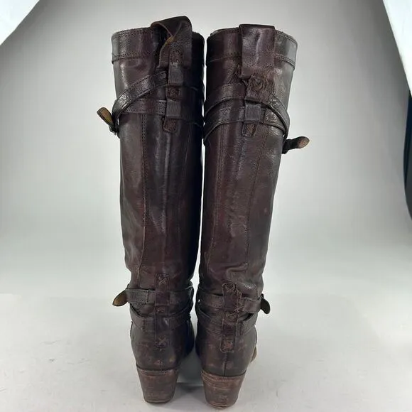 Frye Jane Strappy Brown Leather Riding Boots US 6.5 B Women's Heels Knee-High