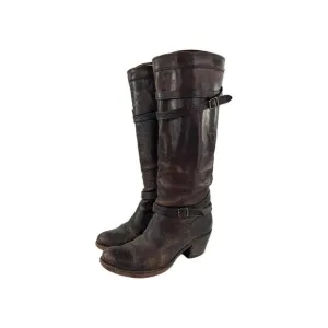 Frye Jane Strappy Brown Leather Riding Boots US 6.5 B Women's Heels Knee-High