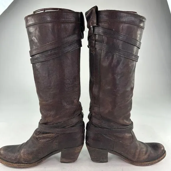 Frye Jane Strappy Brown Leather Riding Boots US 6.5 B Women's Heels Knee-High