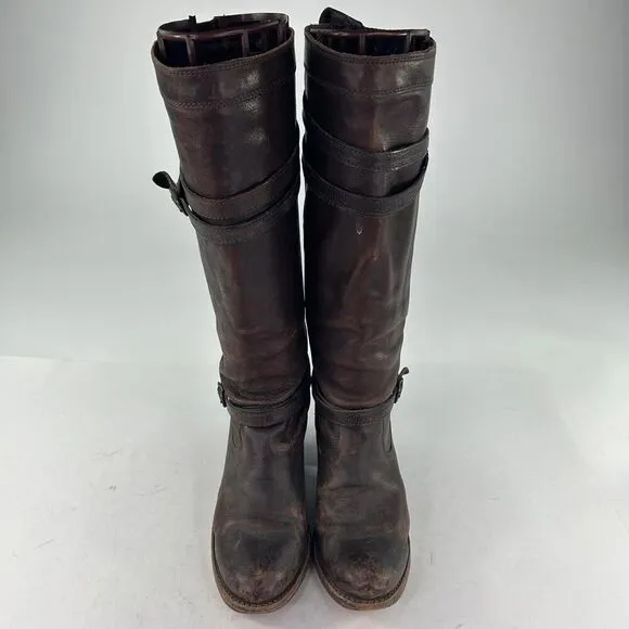 Frye Jane Strappy Brown Leather Riding Boots US 6.5 B Women's Heels Knee-High