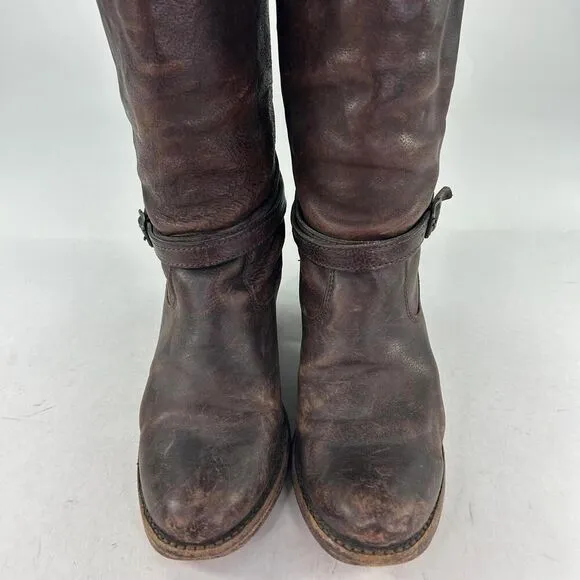 Frye Jane Strappy Brown Leather Riding Boots US 6.5 B Women's Heels Knee-High