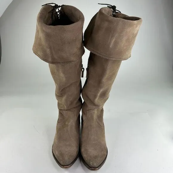 FRYE Sacha Tan Suede OTK Western Boots US 9.5 B Foldover Tall Cowboy Riding Boot