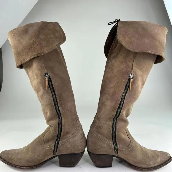 FRYE Sacha Tan Suede OTK Western Boots US 9.5 B Foldover Tall Cowboy Riding Boot