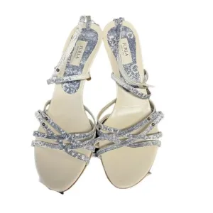 Furla Size 39 US 8.5 Snakeskin Embossed Leather Strappy Ankle Heel Sandals Cream