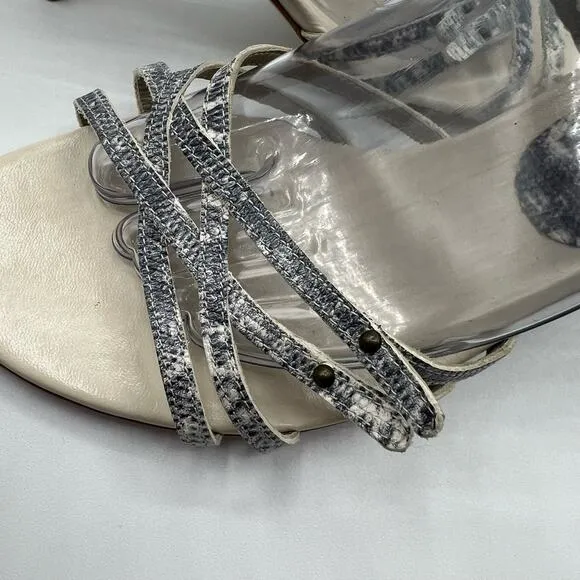 Furla Size 39 US 8.5 Snakeskin Embossed Leather Strappy Ankle Heel Sandals Cream