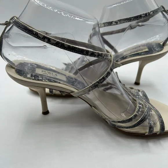 Furla Size 39 US 8.5 Snakeskin Embossed Leather Strappy Ankle Heel Sandals Cream