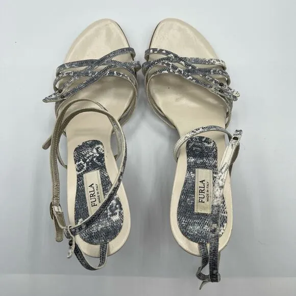 Furla Size 39 US 8.5 Snakeskin Embossed Leather Strappy Ankle Heel Sandals Cream