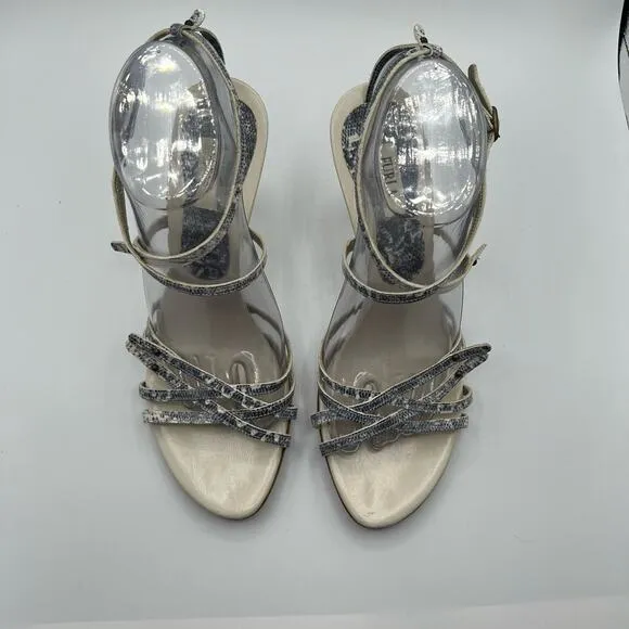 Furla Size 39 US 8.5 Snakeskin Embossed Leather Strappy Ankle Heel Sandals Cream