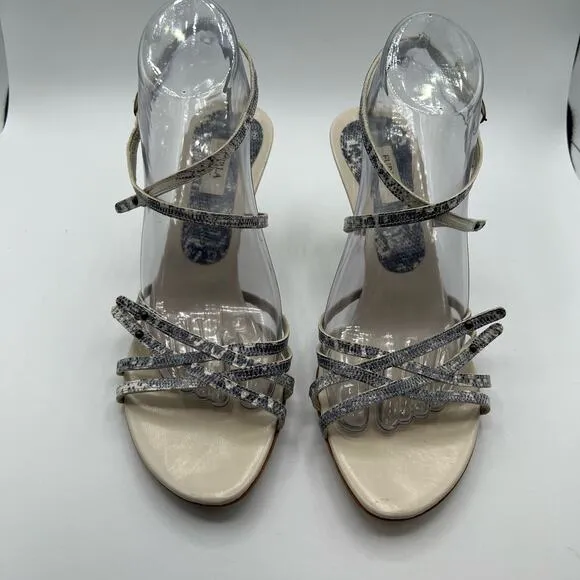 Furla Size 39 US 8.5 Snakeskin Embossed Leather Strappy Ankle Heel Sandals Cream