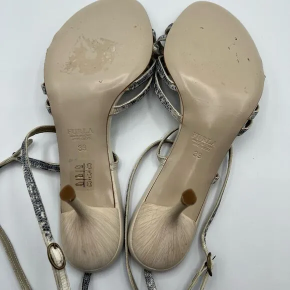 Furla Size 39 US 8.5 Snakeskin Embossed Leather Strappy Ankle Heel Sandals Cream