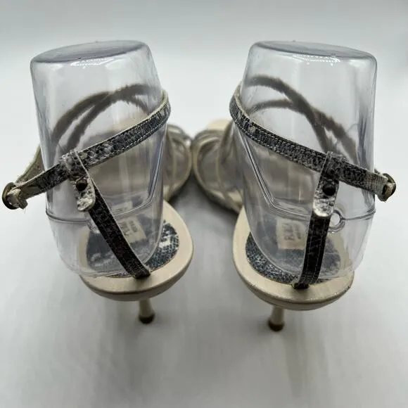 Furla Size 39 US 8.5 Snakeskin Embossed Leather Strappy Ankle Heel Sandals Cream