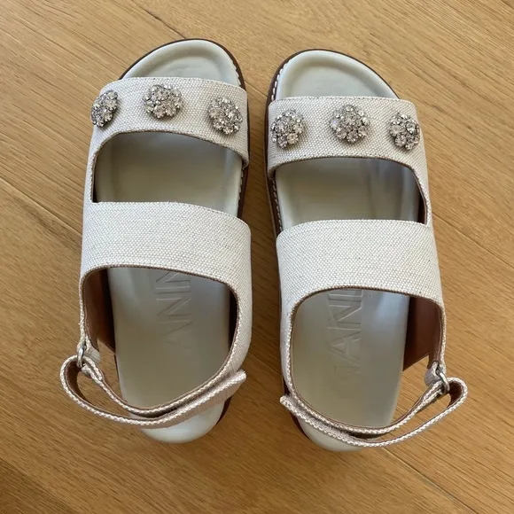 Ganni Cream Sandals with Metallic Embellishments