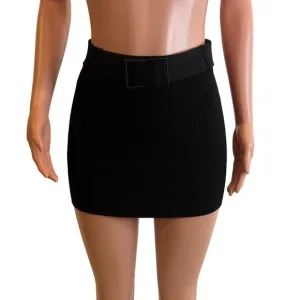 Gauge 81 Nina Mini Skirt Womens S Black Ribbed Knit Bodycon Belted Clubwear