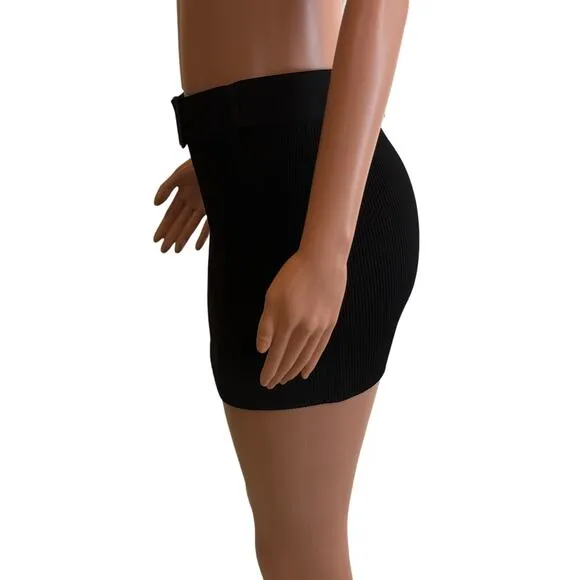 Gauge 81 Nina Mini Skirt Womens S Black Ribbed Knit Bodycon Belted Clubwear
