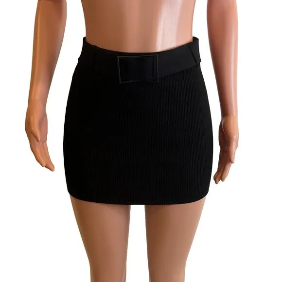 Gauge 81 Nina Mini Skirt Womens S Black Ribbed Knit Bodycon Belted Clubwear